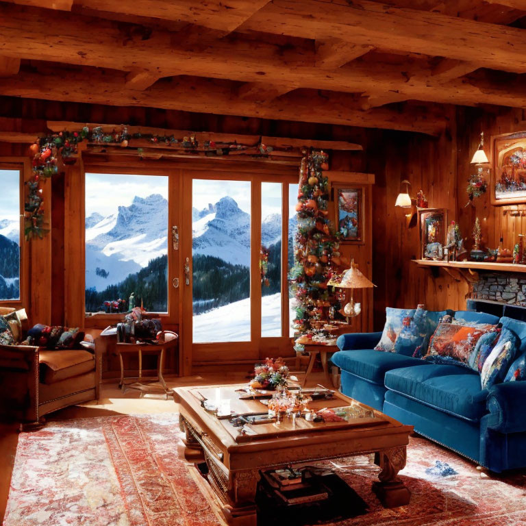 Rustic Cabin Interior with Blue Sofas & Snowy Mountain View