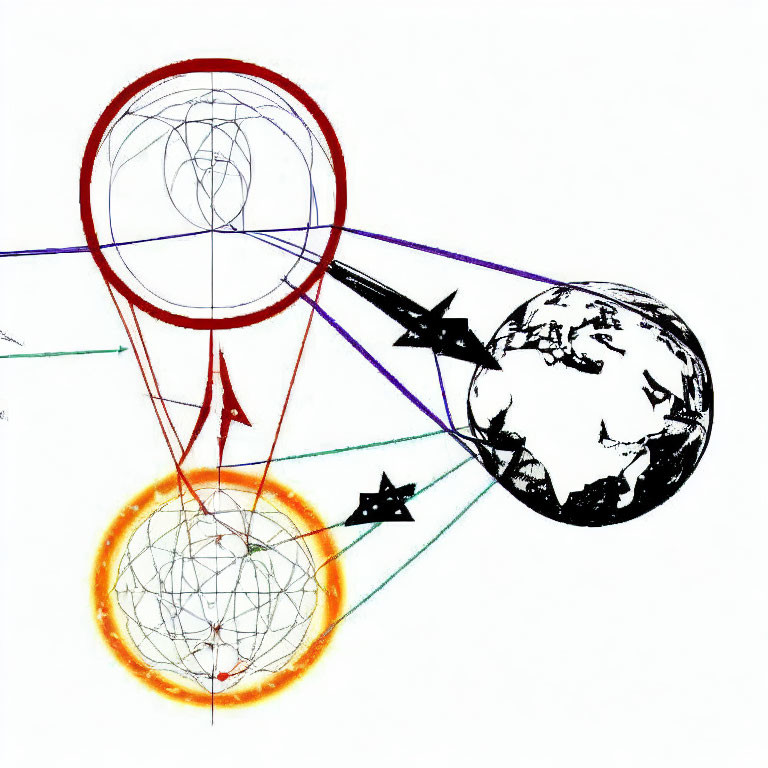 Geometric drawing with stylized Earth and cosmic elements.