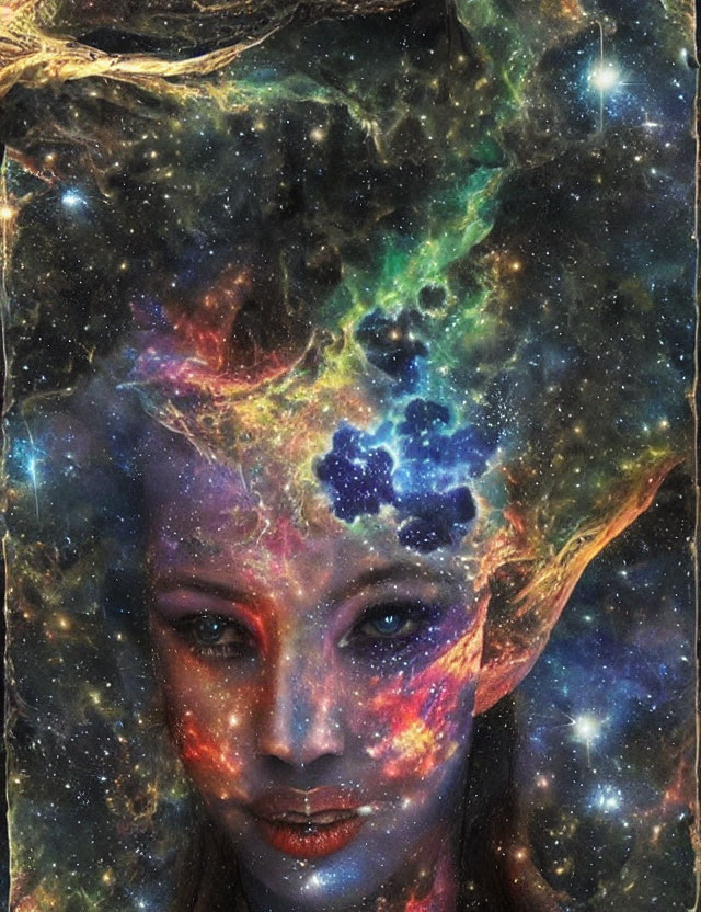 Cosmic-themed portrait blending woman's face with vibrant nebulae and stars