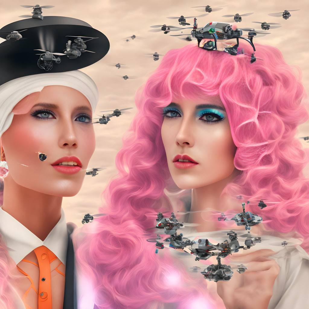 Two women in unique makeup and hats with drones in cloudy sky.