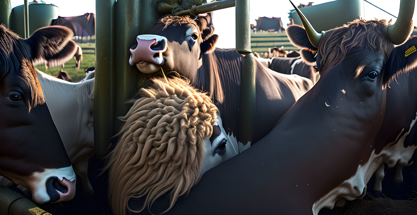 Herd of cows with unique patterns and curly fringe in golden hour