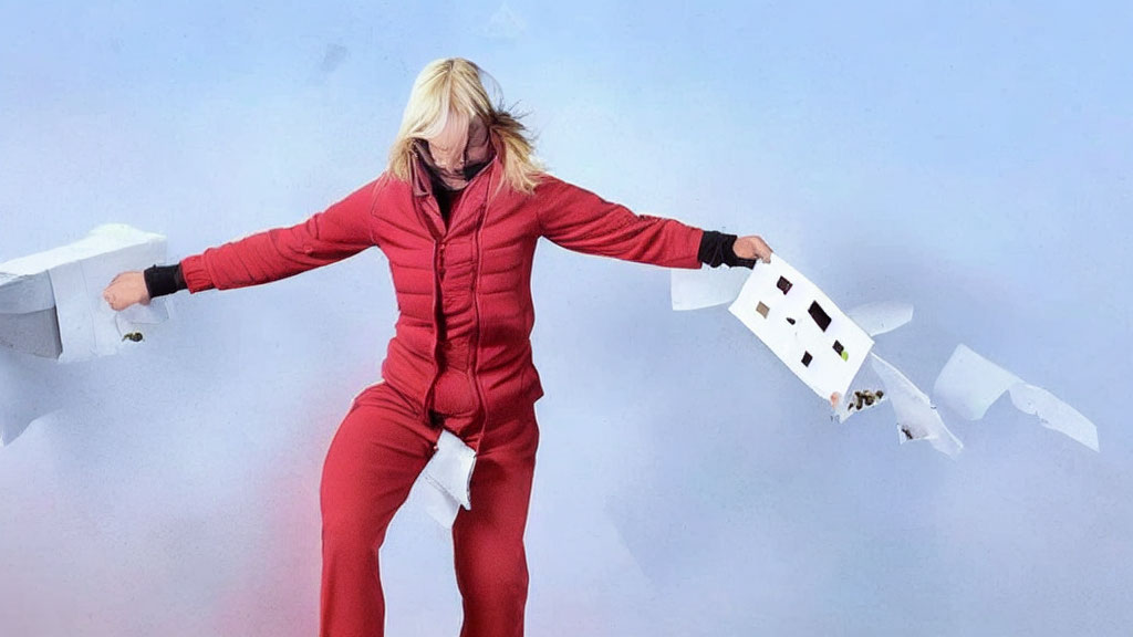 Blindfolded person in red suit tossing papers on blue background