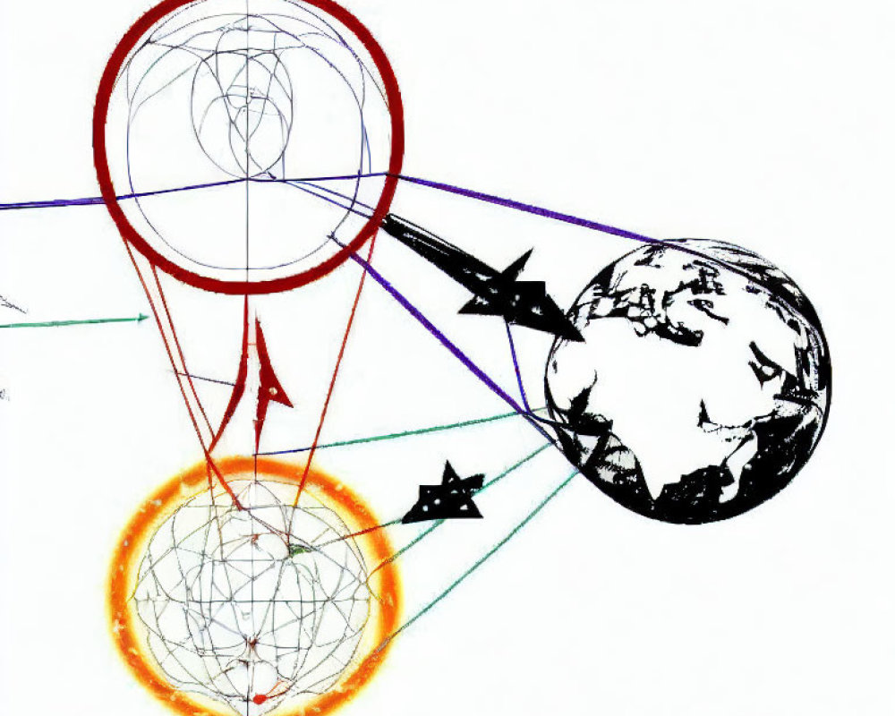 Geometric drawing with stylized Earth and cosmic elements.