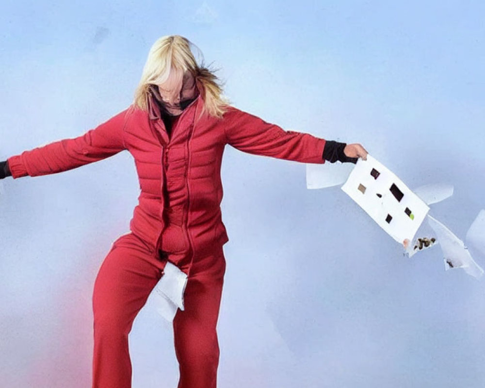 Blindfolded person in red suit tossing papers on blue background