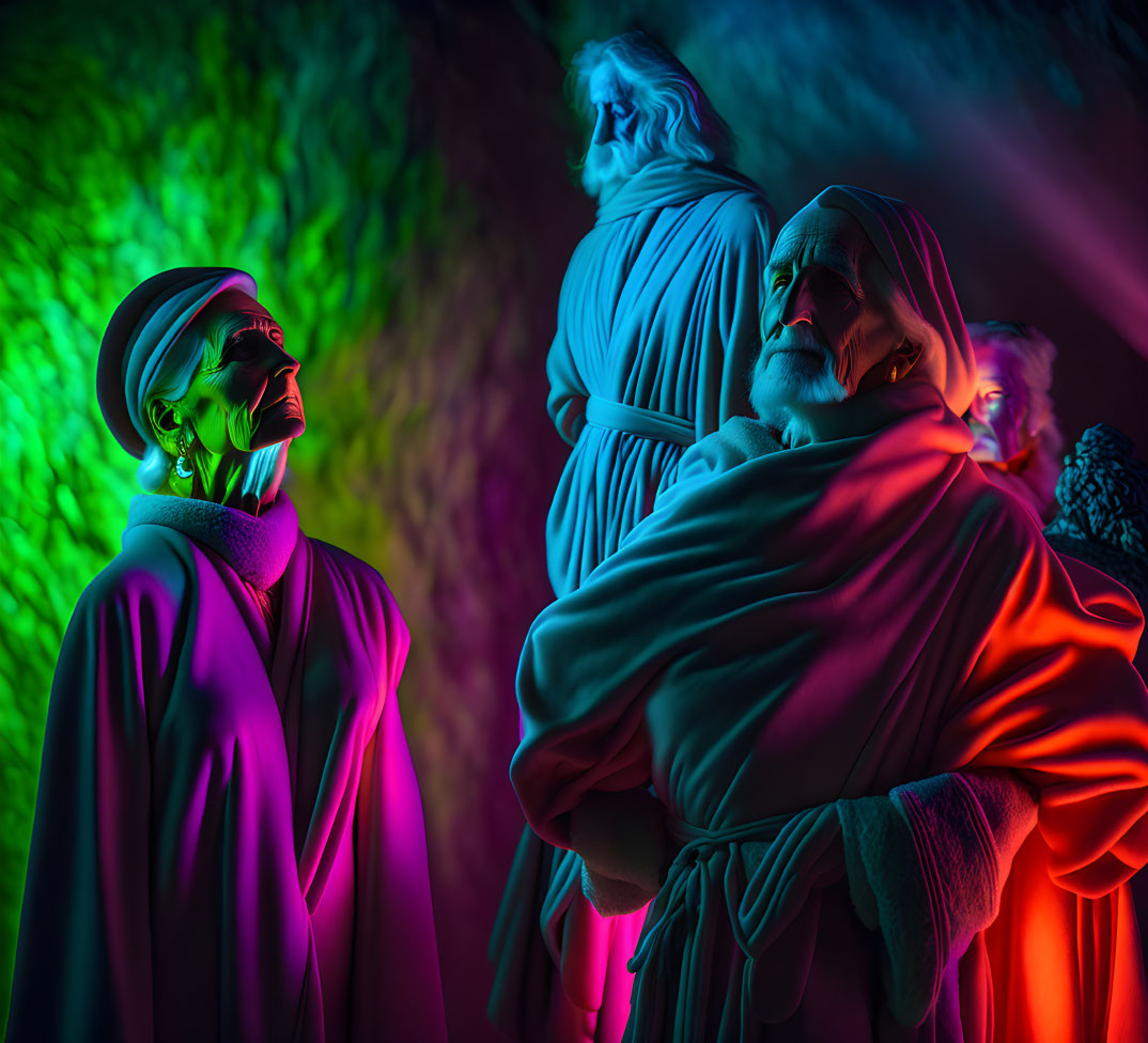 Vibrant cloaks on classical statues under colorful lighting