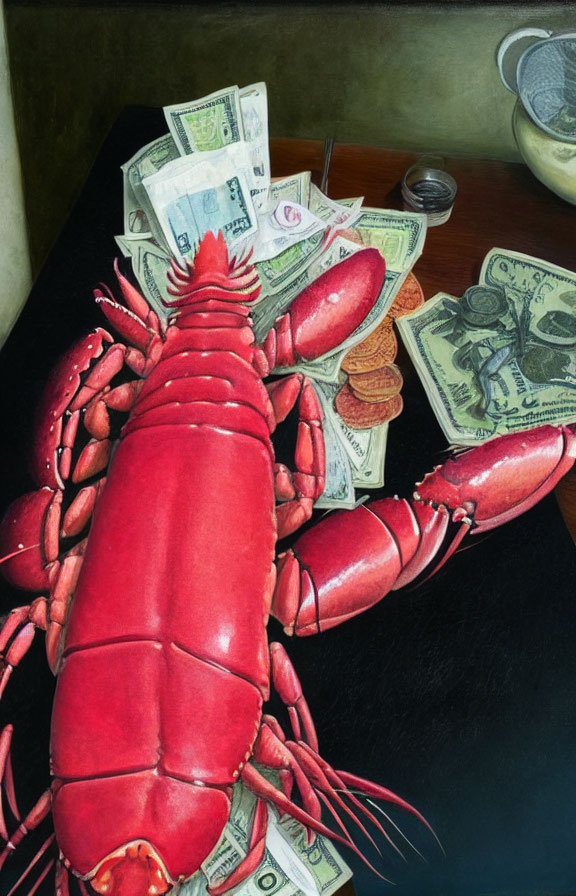 Red lobster on dollar bills with coins, bowl, and glass on dark table