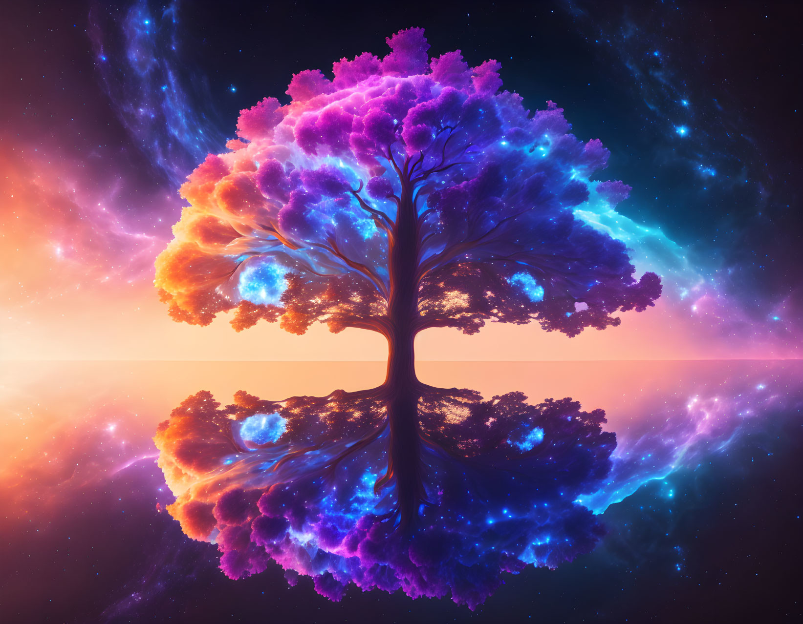 Symmetrical tree with purple foliage in cosmic background