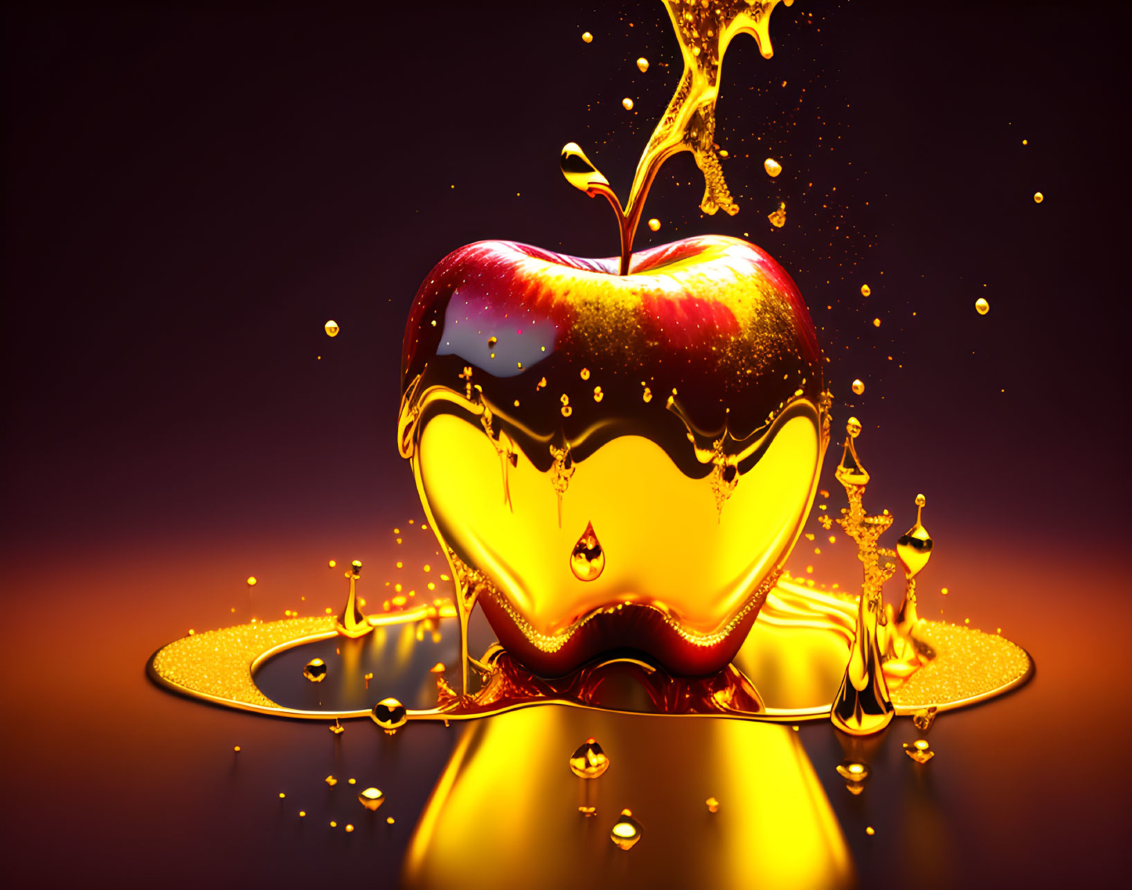 Red apple with golden liquid on dark background: A striking image.