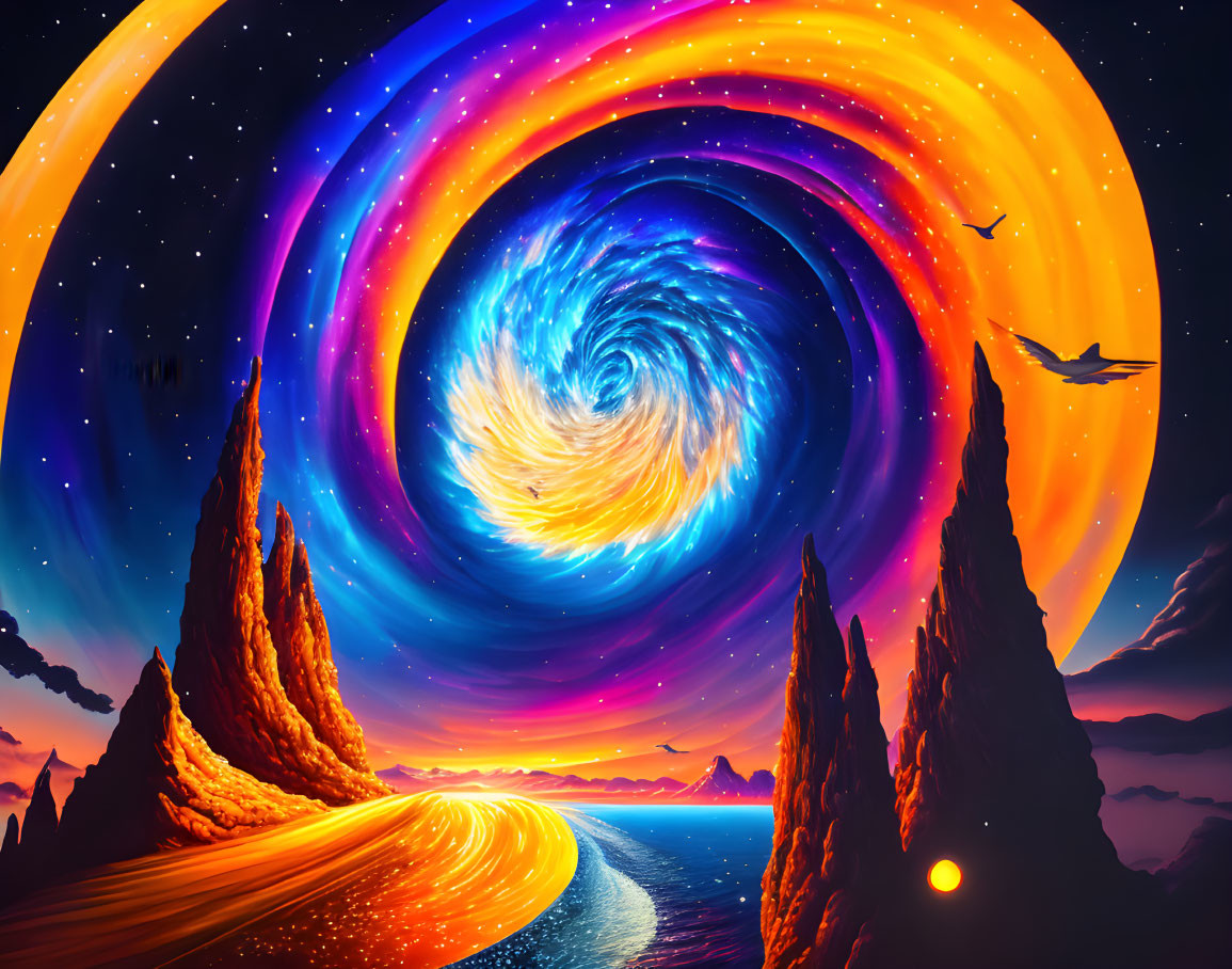 Psychedelic galaxy river scene with rocky terrain and birds