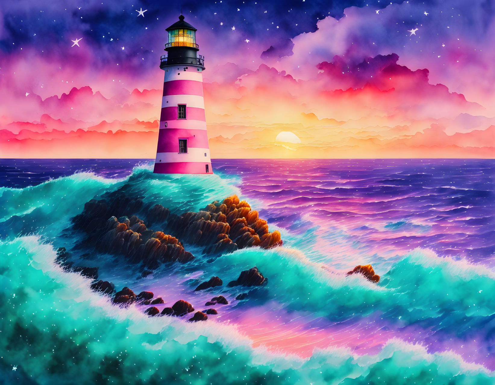 Striped lighthouse digital artwork: rocky outcrop, turquoise waves, sunset sky.