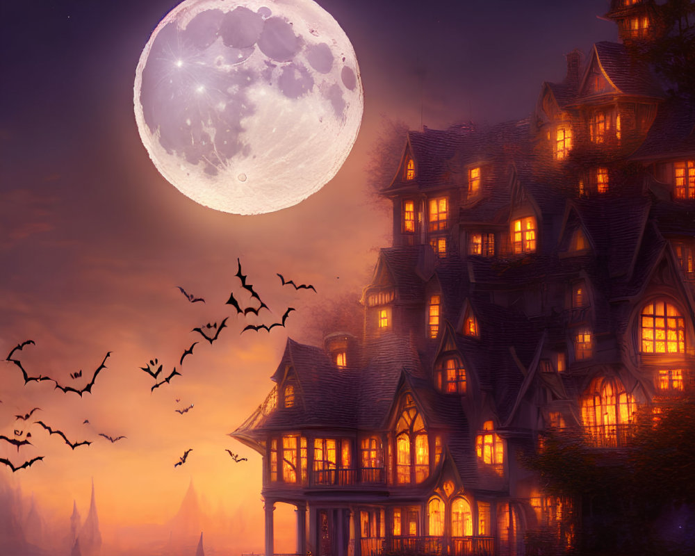 Gothic mansion under full moon with flying bats