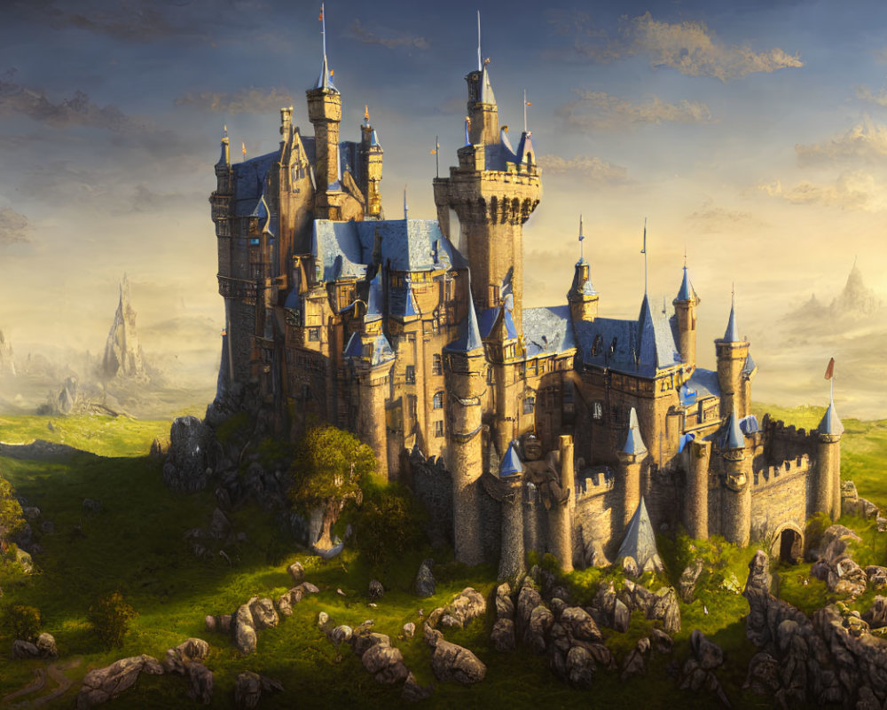 Castle with Blue Rooftops in Rolling Hills at Golden Hour