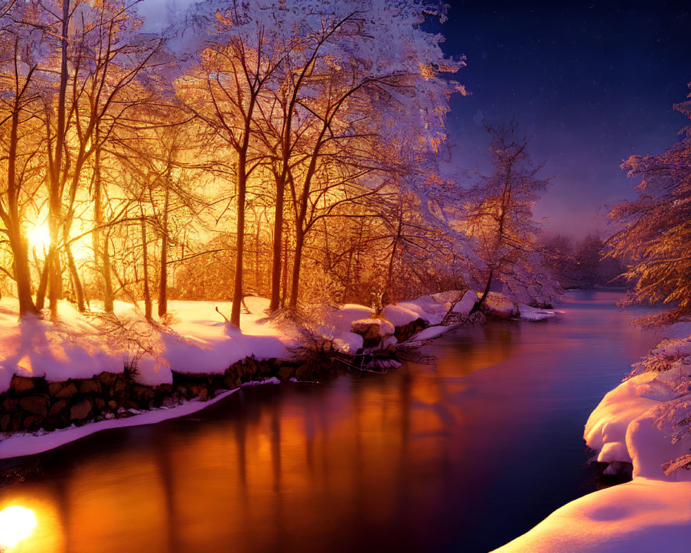 Snow-covered trees and gentle stream in serene winter scene