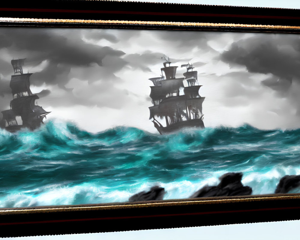 Galleon ships in stormy seas with ornate frame