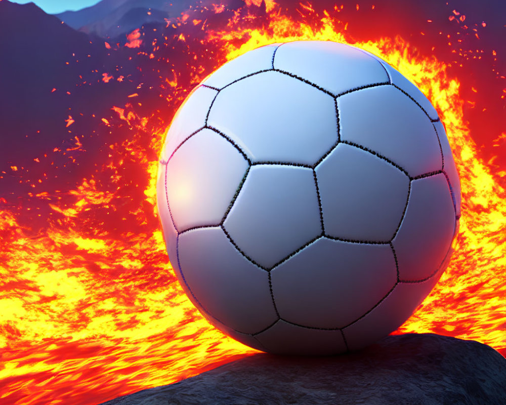 Black and white soccer ball on rock with lava backdrop