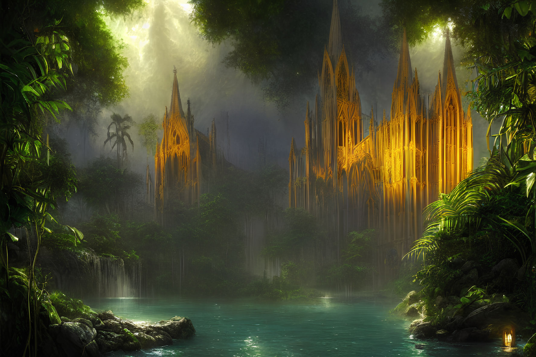 Gothic Cathedral in Rainforest with Waterfalls and River