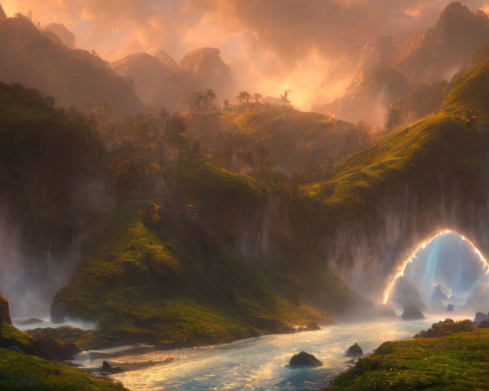 Fantasy landscape with river, waterfalls, archway, and pagoda.