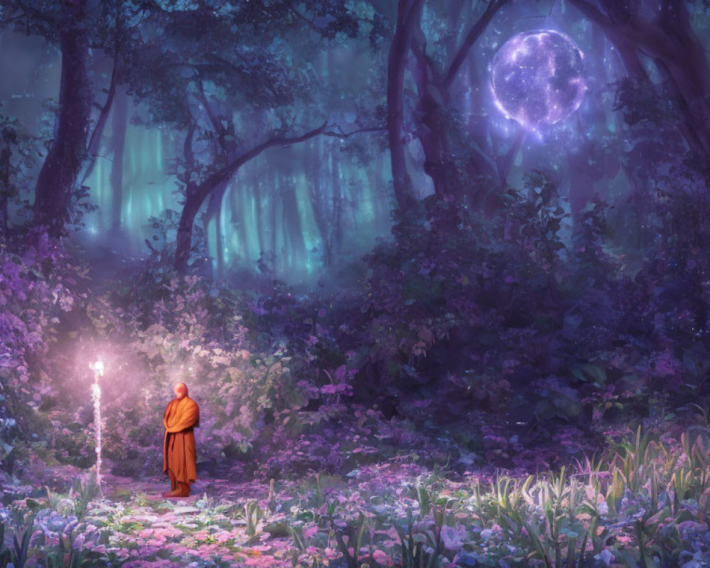 Mystical forest scene with glowing staff, robed figure, ethereal lights, and luminous