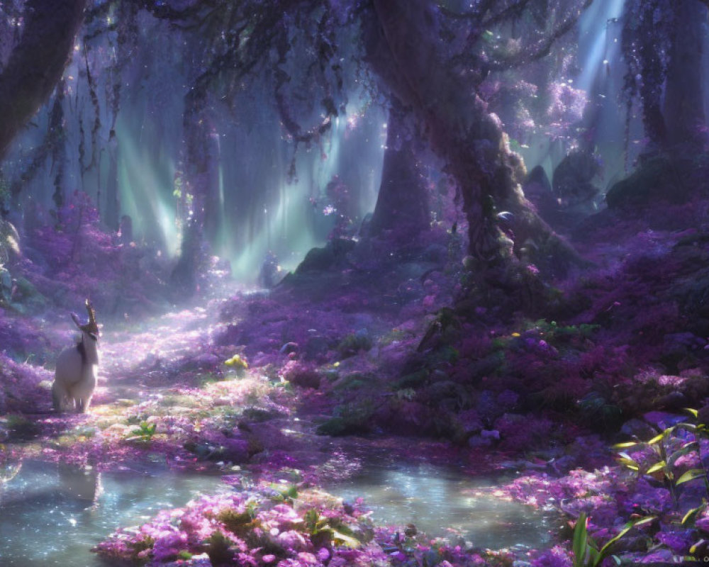 Mystical forest with vibrant purple flora, deer near serene stream