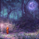 Enchanting forest scene with cloaked figure and glowing particles