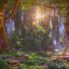 Mystical forest with vibrant purple flora, deer near serene stream