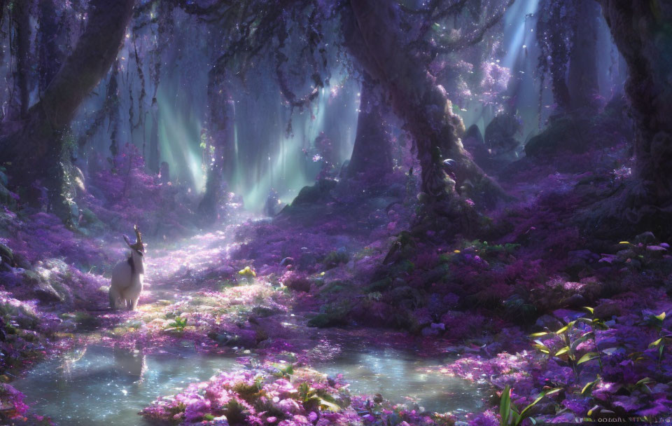 Mystical forest with vibrant purple flora, deer near serene stream