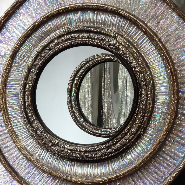 Ornate Round Mirror with Multiple Frames and Glittering Textures