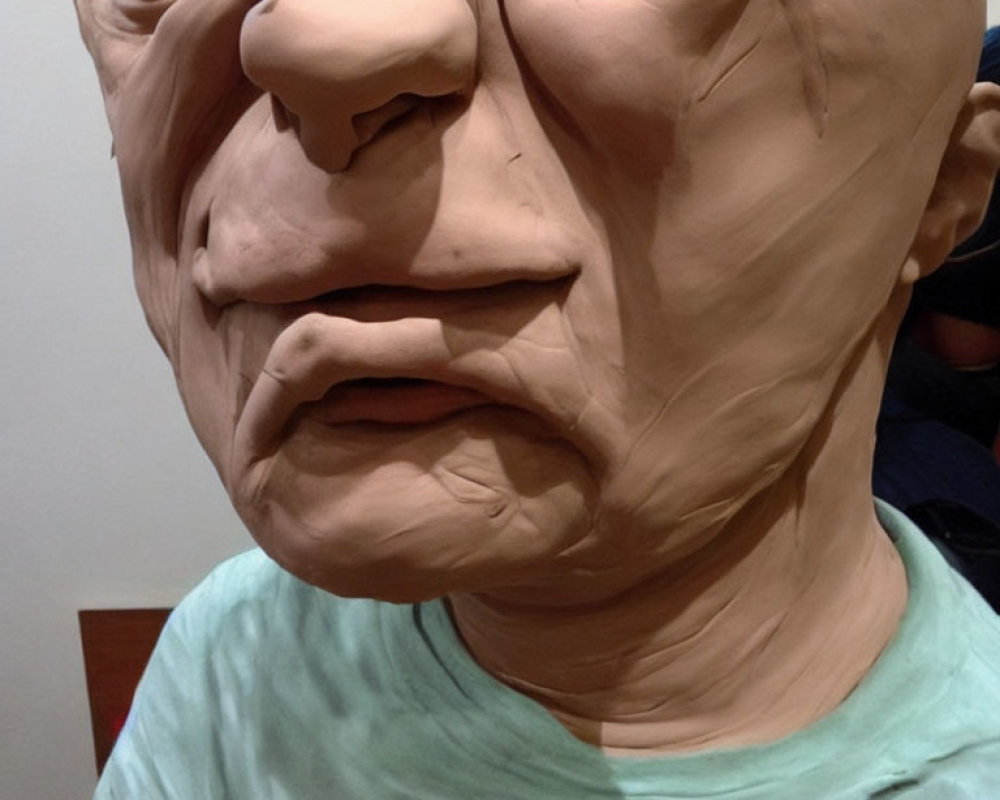 Close-up photo of person in hyperrealistic mask with exaggerated facial features