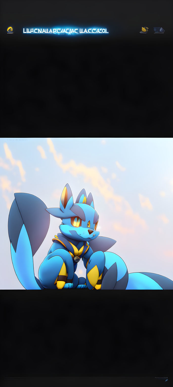 Stylized Lucario Pokémon with glowing eyes against sunset background