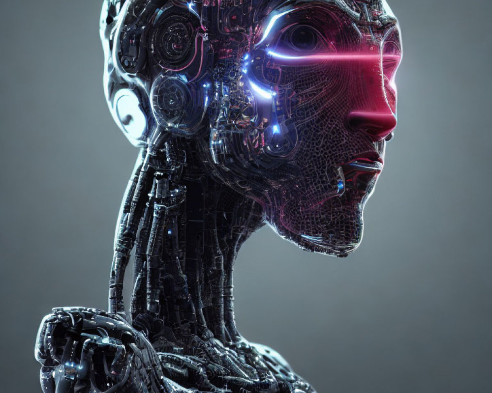 Humanoid Robot with Intricate Circuitry and Neon Facial Light