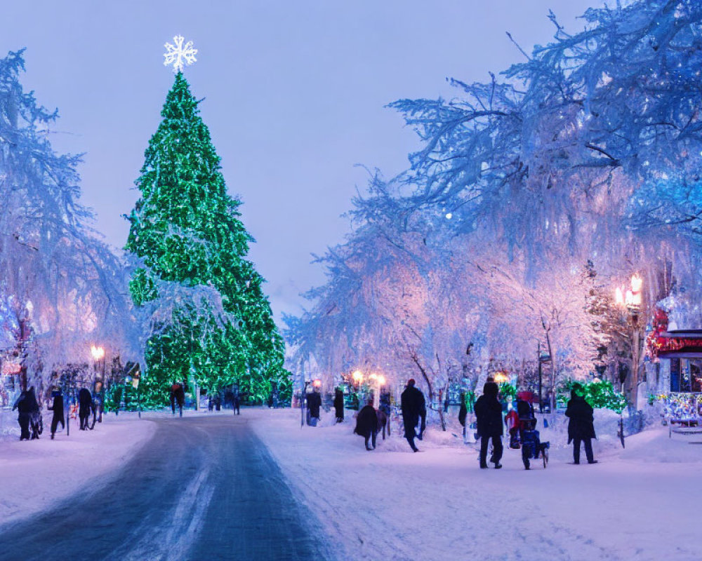 Snowy Twilight Street Scene with Christmas Tree and Festive Lights