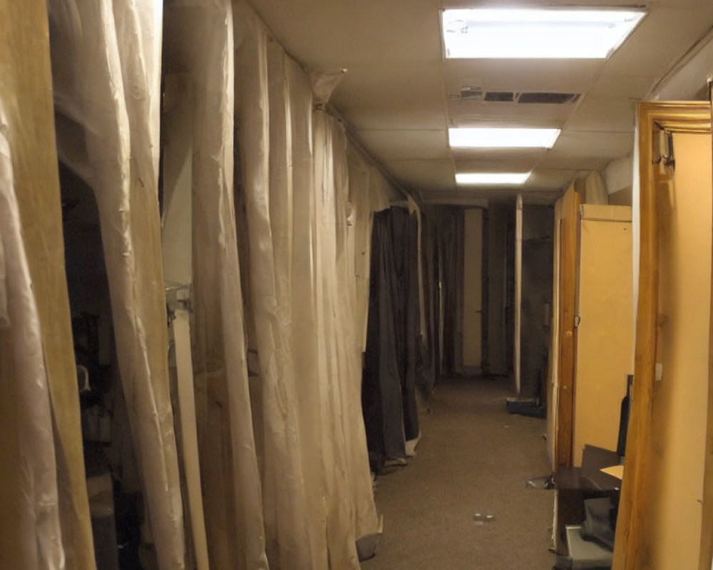 Dark corridor with plastic sheeting and open office doors, leading to distant area