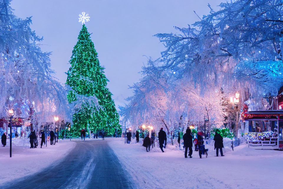 Snowy Twilight Street Scene with Christmas Tree and Festive Lights