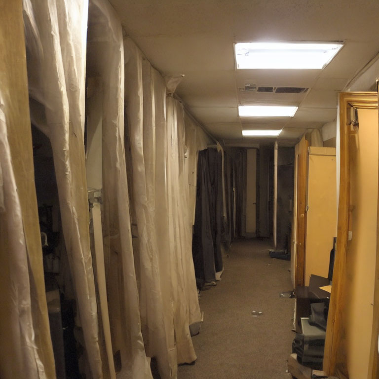 Dark corridor with plastic sheeting and open office doors, leading to distant area