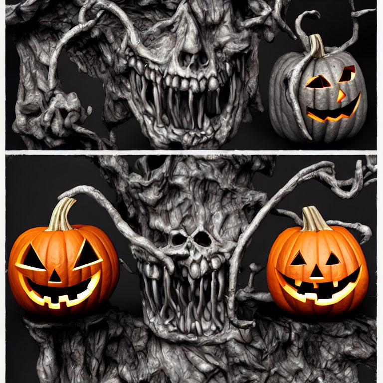 Spooky carved pumpkins with skull and tree trunk designs glowing eerily