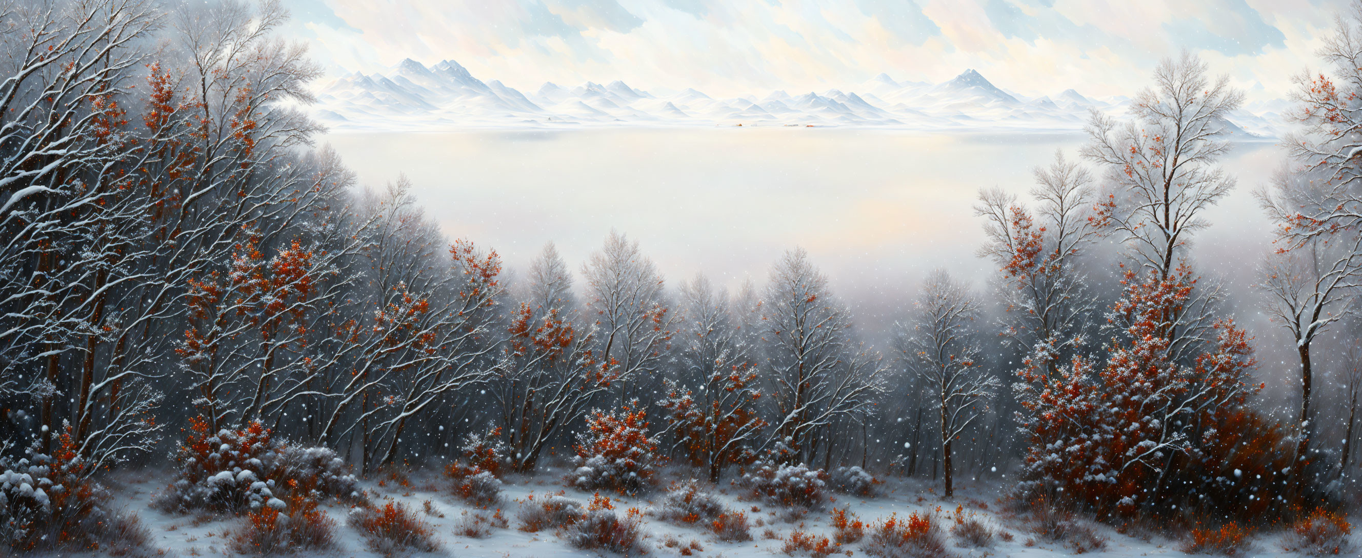 Snow-covered trees in misty winter landscape with distant mountains under cloudy sky