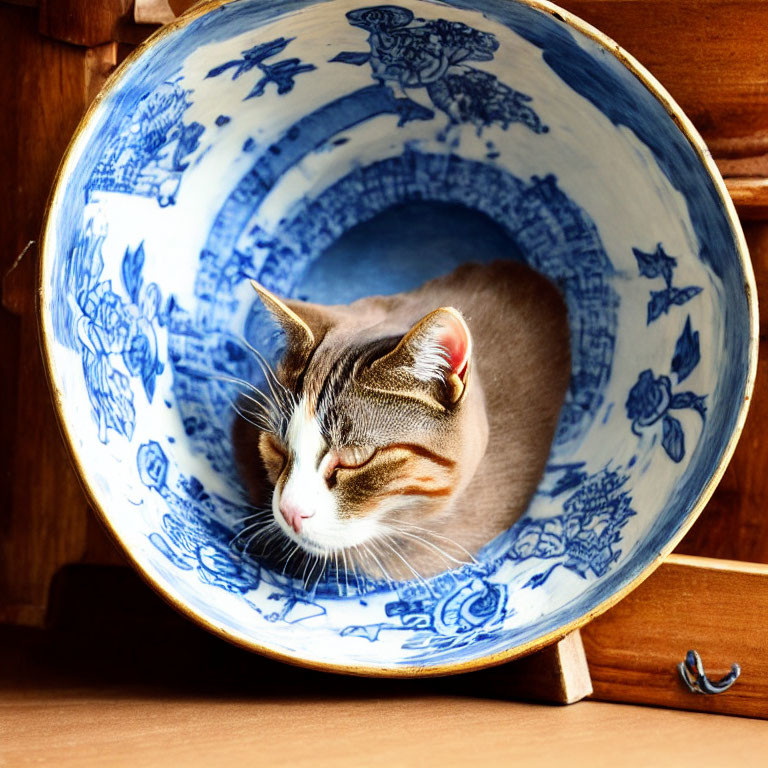 Cat curled up in blue and white porcelain bowl on wood surface