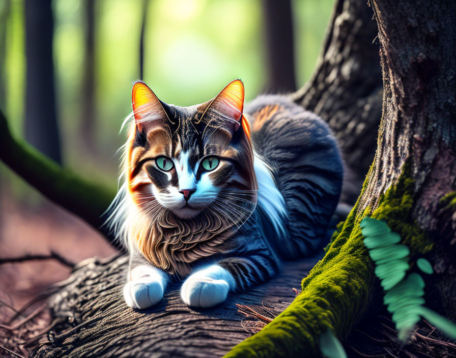 Tabby cat with green eyes lounging in serene forest landscape