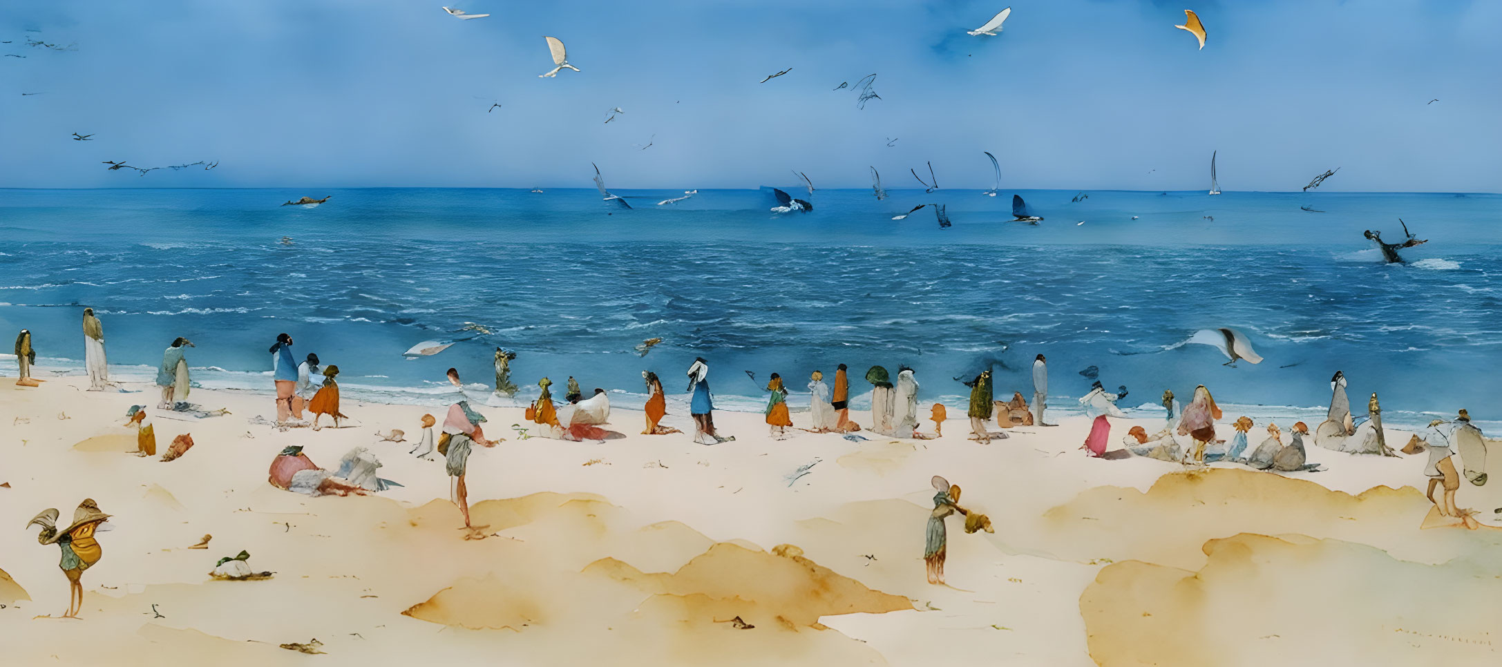 Vibrant beach scene with people and birds near the water