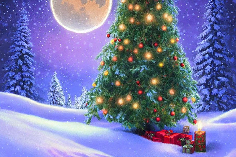 Decorated Christmas tree with lights and presents in snowy landscape.