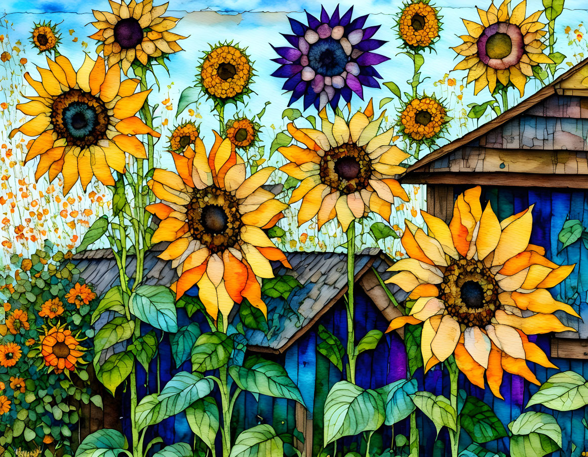 Colorful watercolor painting of sunflowers, sheds, and fence under a clear sky