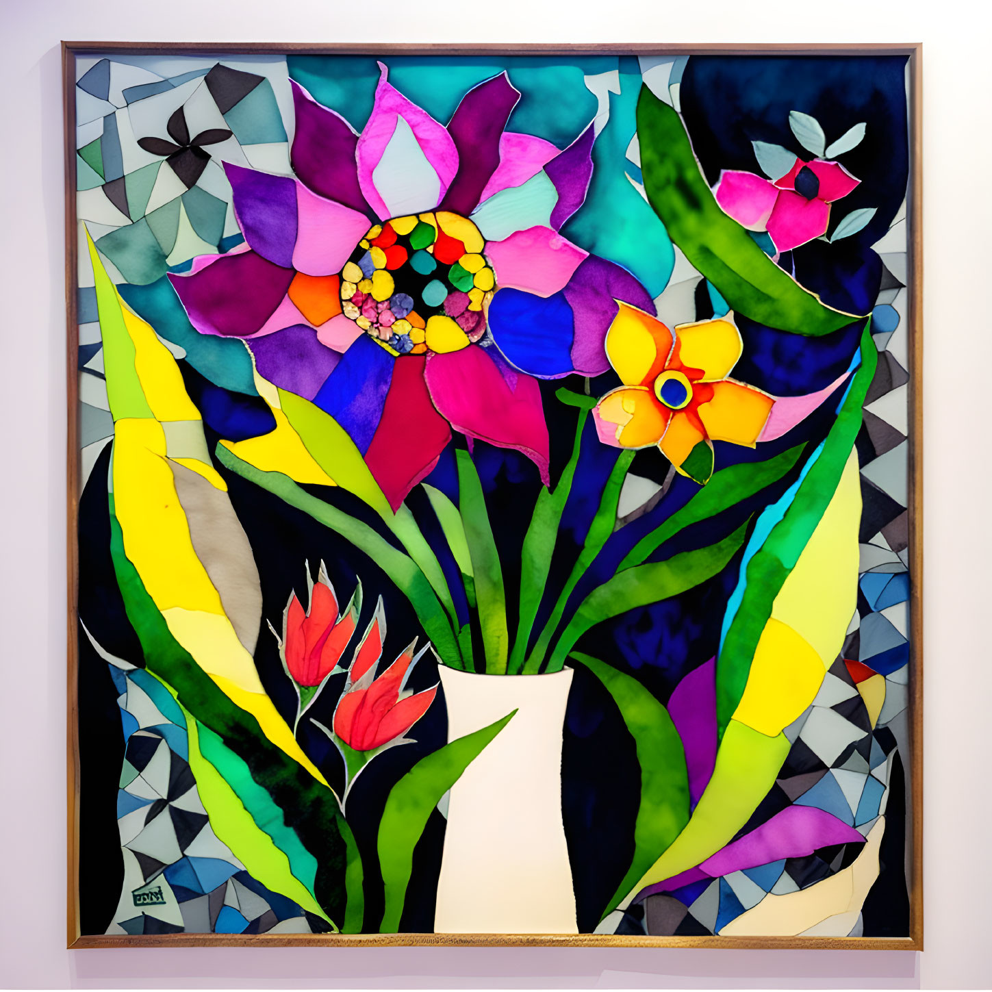 Vibrant bouquet of flowers in stained glass-style artwork
