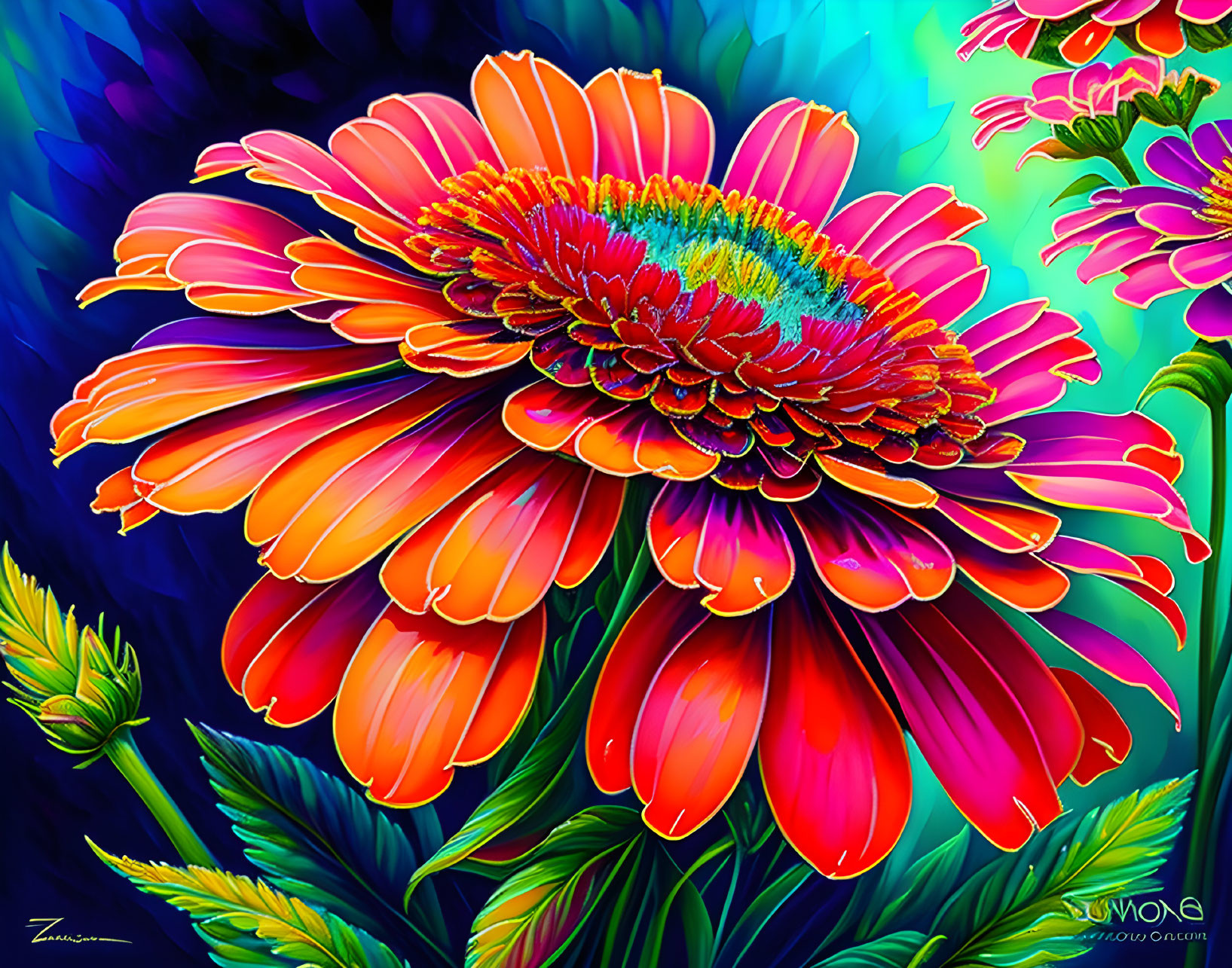 Detailed digital artwork of red-orange gerbera daisy among green foliage.