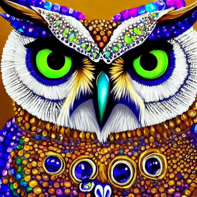 Colorful Digital Artwork: Owl with Green Eyes & Multicolored Feathers