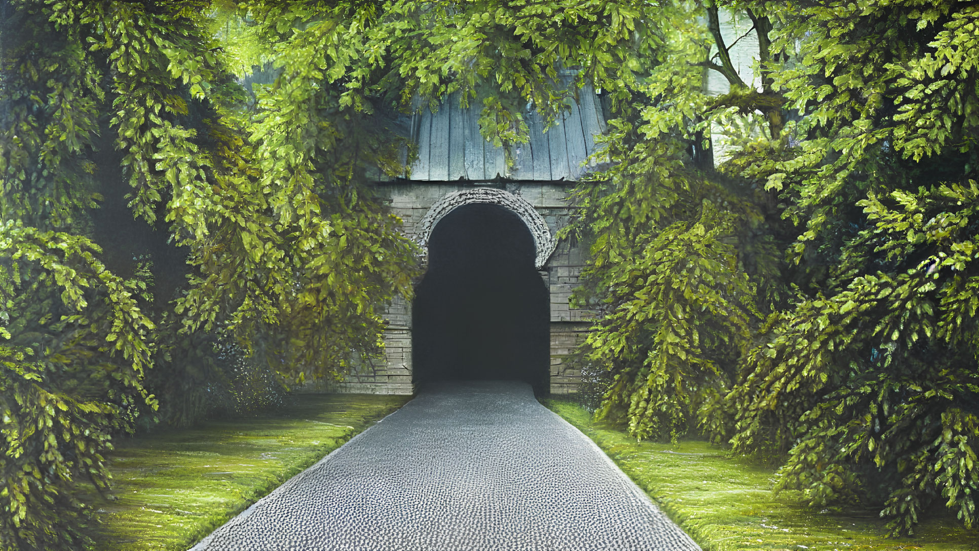 Cobblestone Path to Arched Tunnel Entrance Amid Lush Foliage