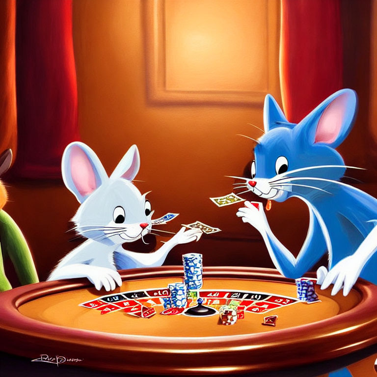 Animated mice characters playing poker at round table with cards and chips in warmly lit room