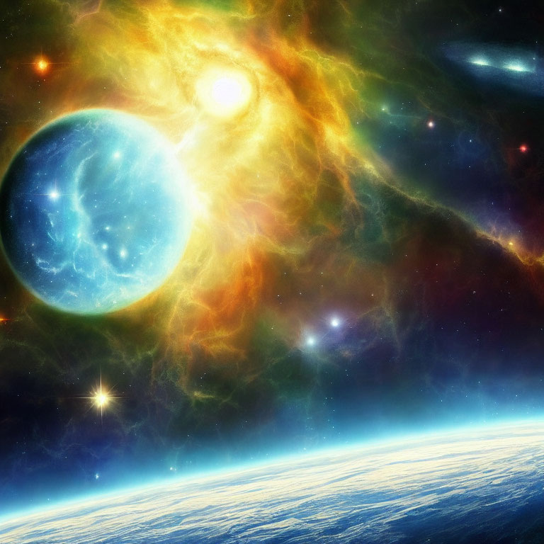 Colorful cosmic scene: blue planet, star, nebula, galaxy, alien planet view