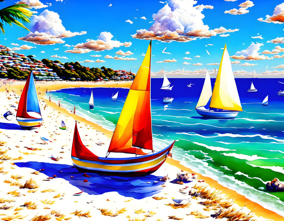 Colorful Sailboats Artwork on Sunny Beach