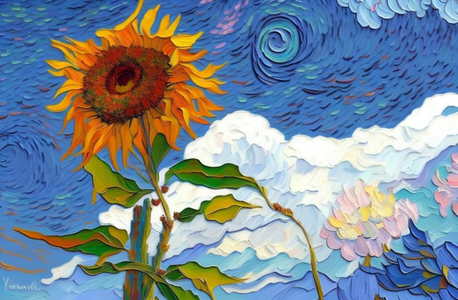 Vibrant sunflower in Van Gogh-inspired painting with swirling blue sky