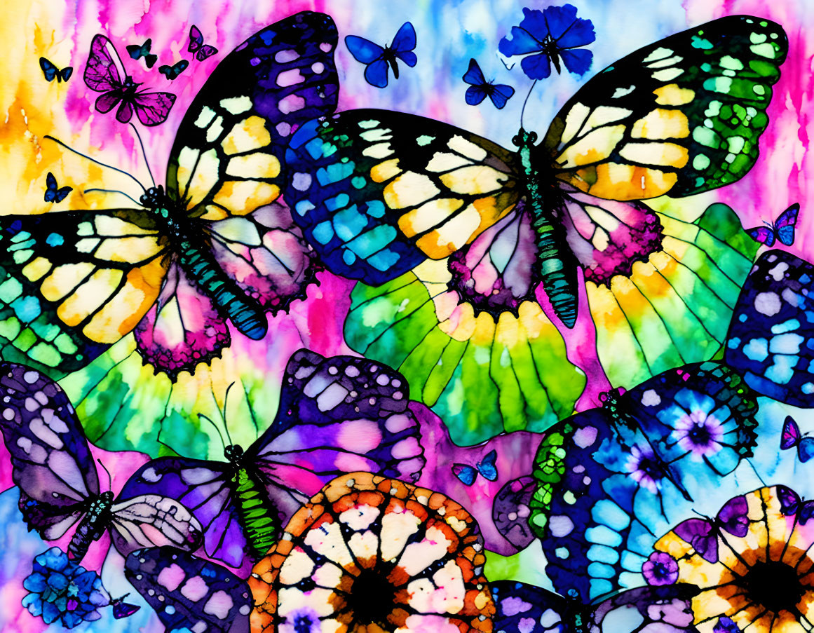 Multicolored butterfly art on vibrant floral background